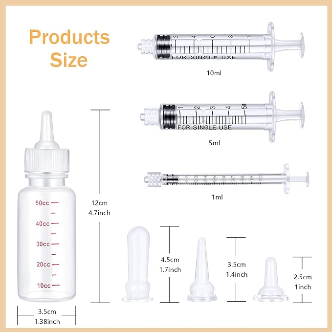 Sadnyy 17 Pcs Kitten Bottle Feeding Kit Puppy Bottles for Nursing Puppy Milk, Liquid Syringes in 1, 5 and 10 ml, Replacement Silicone Nipples, Cleaning Brushes for Newborn Pet Dog Rabbit Goat