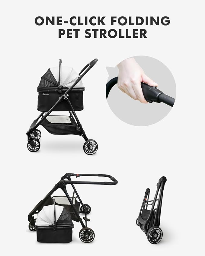 Pet Stroller for Small Dogs and Cats, One-Click Foldable Dog Stroller with Detachable Carrier & 3 Safety Tethers, Holds up to 33 lbs, Storage Basket & Cup Holder, Breathable Mesh, Black