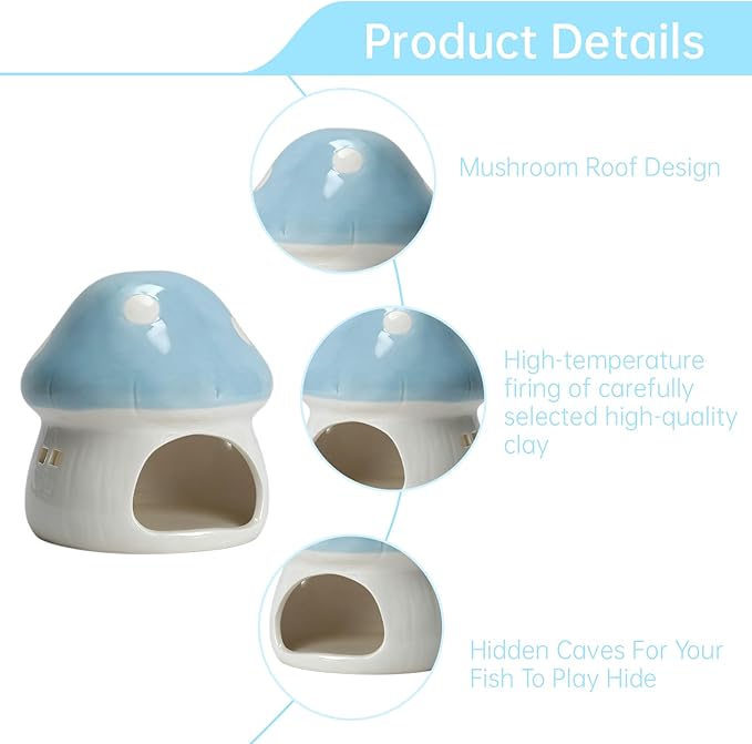 AnRui Ceramic Mushroom Aquarium Decor Cute Mini House Betta Fish Tank Accessories Decoration Hideaway Hideout Cave Ornament for Small Fish, Shrimp, Goldfish and Reptiles (Blue, Large)