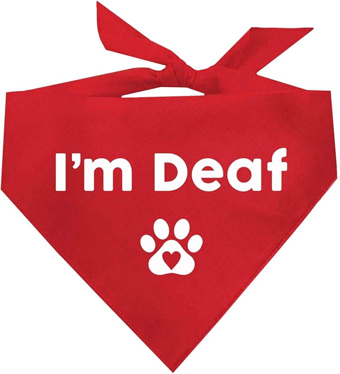 I'm Deaf Dog Bandana | 100% Adjustable Cotton Triangle | Made in USA | Deaf | Impaired | Hearing Loss Accessory | Warning | (Red, OS 412)