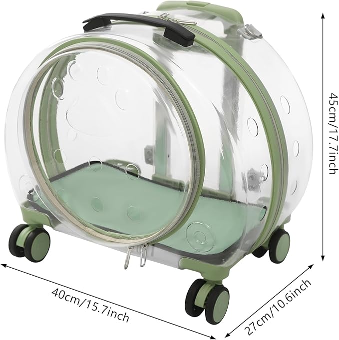 15.7" X 10.6" X 17.7" Hard Shell Rolling Cat Carrier, Outdoor Cat Carrier with Wheels, Stable Pet Stroller with Soft Mat, Support to 19.84 Lbs (Green)