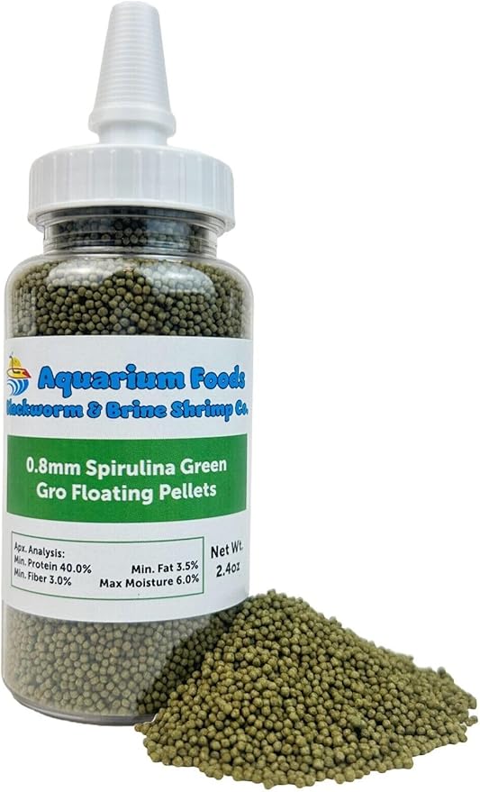 0.8mm Micro Spirulina Green Gro Floating Pellets for Guppies, Tetras, Bettas, Nano Fish, All Baby Fish…2.4oz Squeeze Bottle