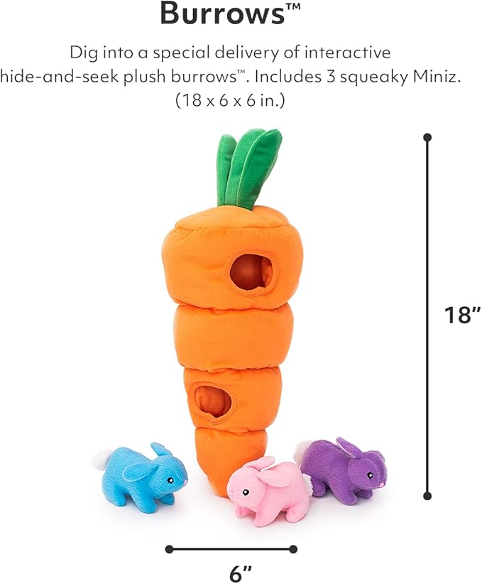 ZippyPaws - Holiday Burrow, Interactive Squeaky Hide and Seek Plush Dog Toy - Easter Carrot