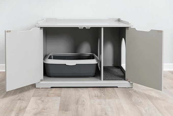 Trixie XL Furniture Litter Box Enclosure (Gray), Hidden Litter Box for Cats with Openings on Either Ends & Large Ventilations Slots, Double Doors for Easy Cleaning, Removable Divider