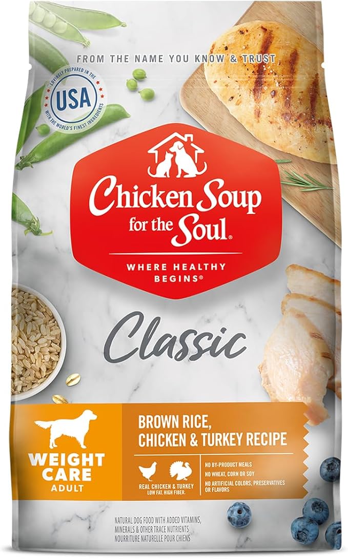 Chicken Soup for The Soul All Natural Premium Weight Care Adult Dry Dog Food, Real Meat First Ingredient, No by-Products, Hi Fiber/Low Fat Support Ideal Weight, Brown Rice, Chicken & Turkey, 4.5lb