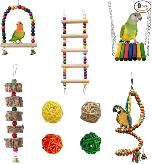 9Pcs Bird Toys for Parakeet, Cockatiel, Finches, Budgerigar, Mynah, Love Birds, Small Parrots, Parrot Cage Stand Accessories