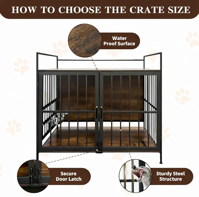 41 Inch Dog Crate Furniture for Large Dogs, Wooden Indoor Dog Cage with Double Doors, Built-in 360° Swivel Bowls, Comfortable Flat Floor, Rustic Style End Table Kennel