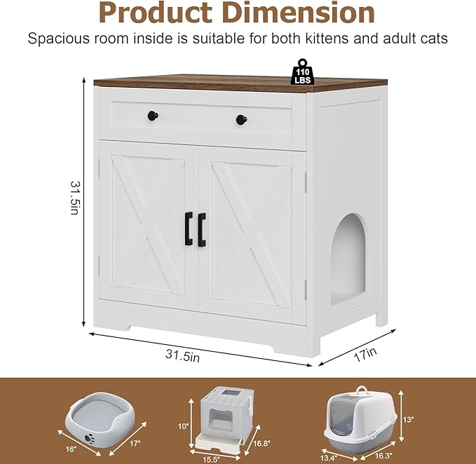 Cat Litter Box Enclosure with Storage Drawers, Hidden Litter Box Wooden Furniture, Modern Farmhouse Indoor Cat House, Multifunctional Side Table, White