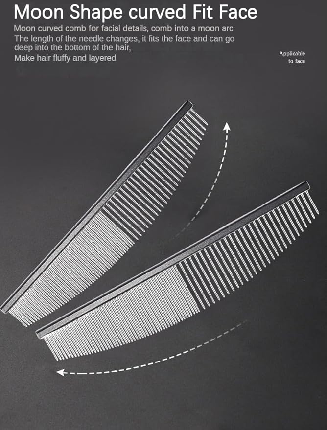 Arc Curved Cat Dog Comb for Grooming Matting Metal Comb for Long Haired Cats Dog Grooming Combs, Goldendoodles Poodle Detangler Brush peine para perros Removes Knots & Flea (black,flat19cm)