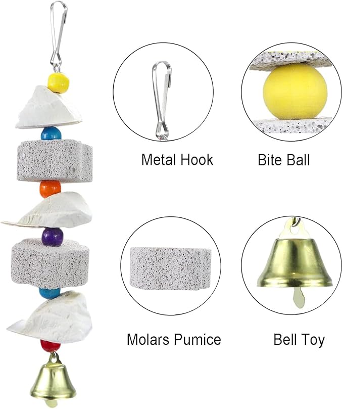 2Pcs Bird Beak Trim Cuttlebone Calcium Stone Lava Block Chew Toy Grinding Teeth Natural Minerals with Bell for African Greys Amazon Conure Eclectus Budgies Parakeet Cockatiel Hamster Chinchilla Rabbit