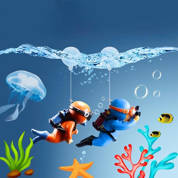 2 Pack Fish Tank Decorations, Aquarium Ornaments Diver with Floating Device Aquarium Accessories Fishes Pet Toys for Freshwater Saltwater Aquarium (2Pcs Orange)