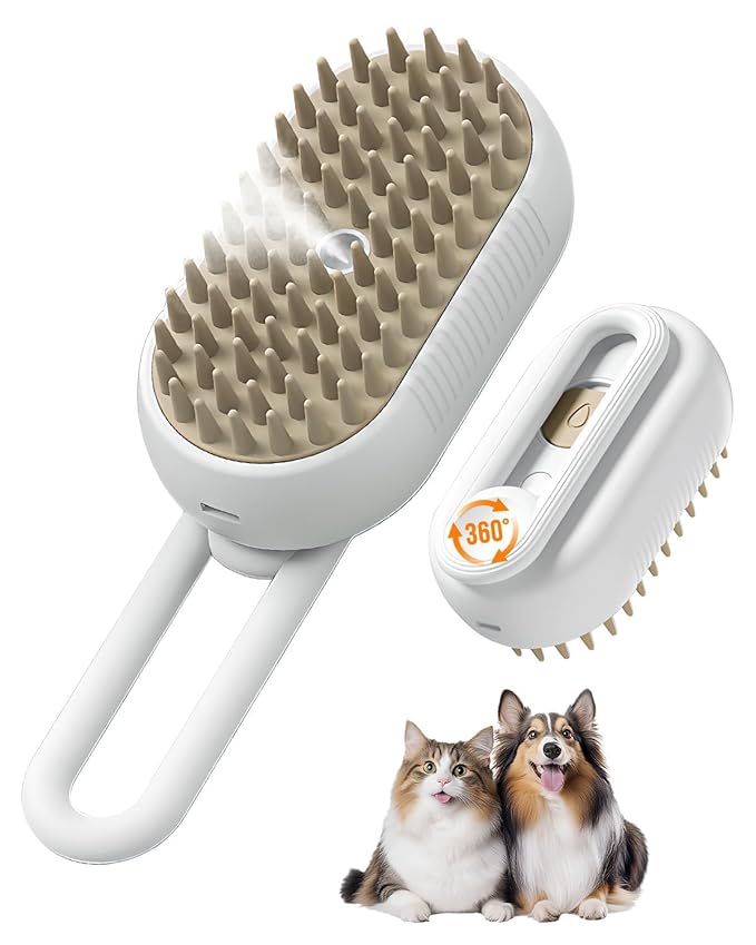 Pet Steam Brush, 2026 Upgrade 3 in 1 Self Cleaning Steam Cat Brush Pet Spray Comb, Anti-Static Pets Grooming Spray Brushes with Massage Cleaning Shedding for Long Short Haired Cats Dogs (White)