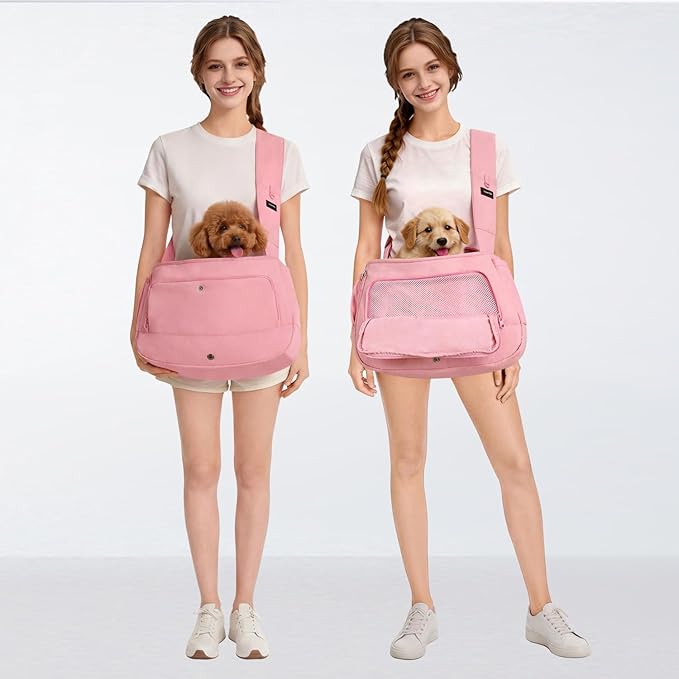 Dog Sling Carrier for Small Medium Dogs & Cats, Fits 7–18lbs, Soft Puffy Lightweight Pet Sling Carrier with Adjustable Padded Strap and Storage Pocket, Hands-Free for Travel, Hiking & Outdoor Pink