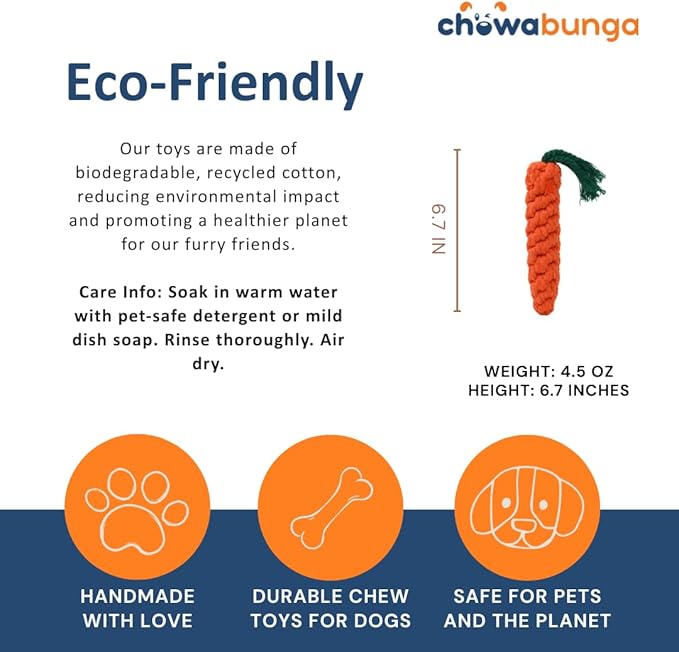 Large Carrot Dog Toy 6.7 Inch Handmade Eco Cotton Rope Dog Toy Carrot Chew Toy for Dogs - Made with Natural, Non-Toxic Dyes - Carrot Toy is Great for Puppy Teething Toys and Cats (Orange)