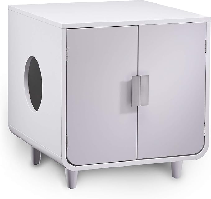 Staart Dyad Cat Litter Box Enclosure and Furniture Hidden Cat Home Side Table Nightstand Indoor Pet Crate Alpine White