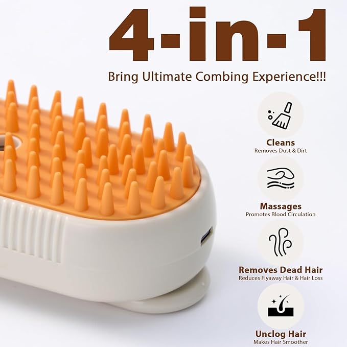 4 in 1 Cat Steam Brush for Shedding, Rechargeable Pet Groomer Brush with Steam, Multifunctional Anti-Static Hair Removal Comb for Cats and Dogs, Used for Massage, Cleaning, Shedding & Combing (Khaki)
