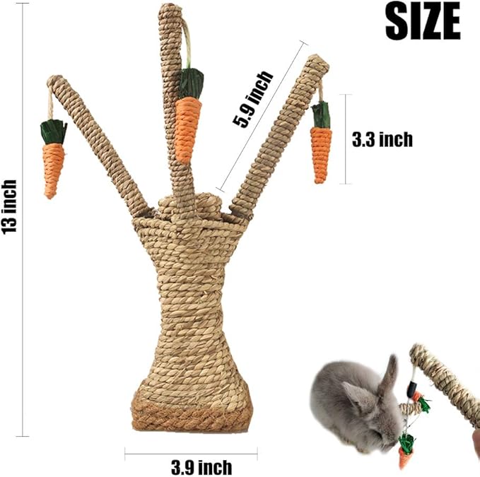 Bunny Chew Toys, Rabbit Scratching Climbing Tree with Carrot Shaped Toy, Handwoven Seagrass Chew Toy for Rabbits, Cats, Hamsters, Gerbils Teeth Grinding