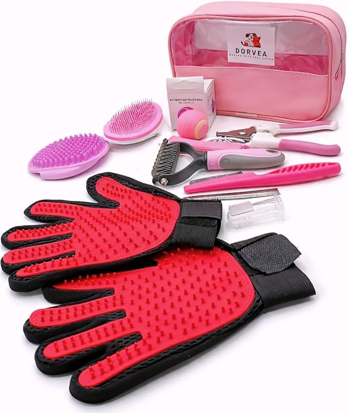 Pet Grooming Kit 12-in-1 for Dogs & Cats - Professional Deshedding Brush, Nail Clipper, Slicker Brush Flea Comb, Grooming Gloves, cat Teaser Ball Set with Storage Bag