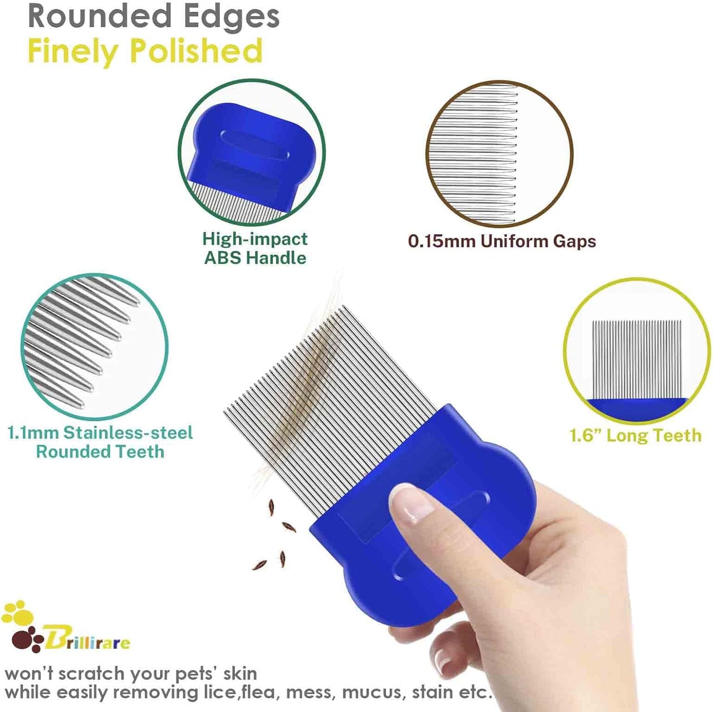 4 Pack Flea Lice Comb, Stainless Steel Dog Cat Grooming Combs with Rounded Teeth, Double Sided Professional Pet Tear Stain Remover, Dematting Tool for Small, Medium & Large Pets