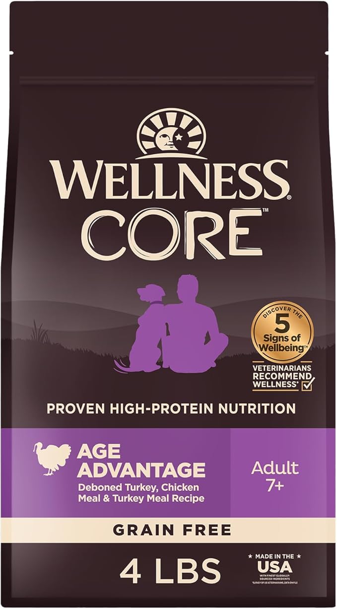 Wellness CORE Age Advantage Senior Dry Dog Food, Grain Free Kibble, Natural, High Protein, Turkey and Chicken Recipe, 4 lb Bag