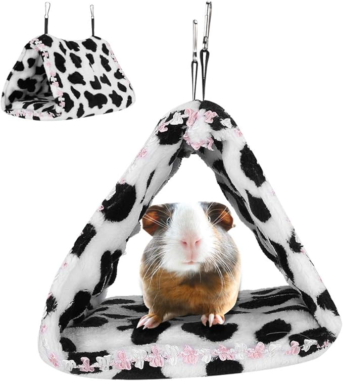 Pet Parrot Triangular Hanging House Bed Tube Hammock, Small Animal Warm Plush Nest, Soft Velvet Sleeping Tent with Metal Hooks for Guinea Pig Hedgehog Hamster Bird Cage Accessories (M)