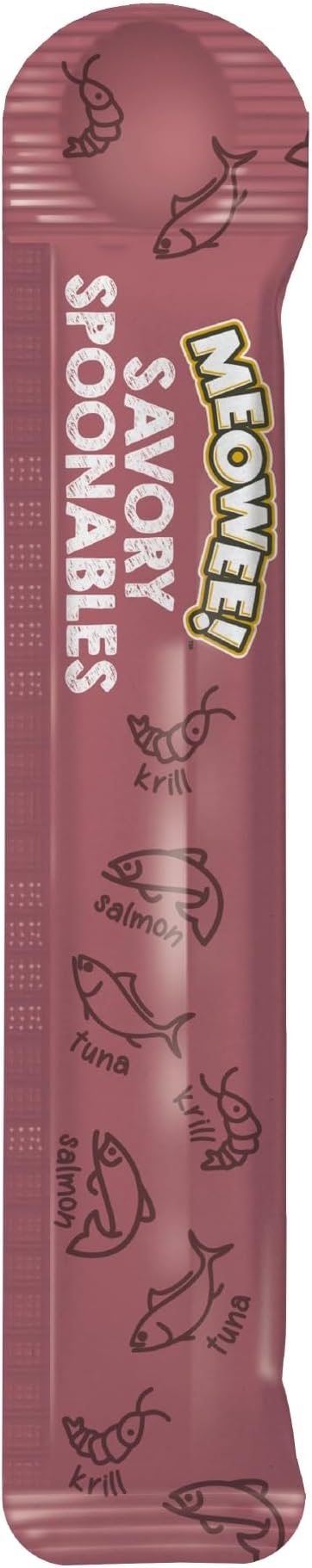 MEOWEE! Savory Spoonables with Real Salmon, Tuna and Krill for Cats, 4 Count, Treat Your Cat to Triple Flavor Squeezable Lickable Wet Treats with Built-in Spoon for Less Mess