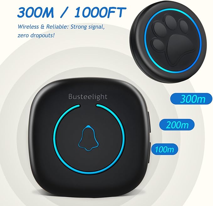 Soft Ring Blk Dog Bells to Go Outside - Wireless Dog Door Bell with 1000ft Range, 60 Melodies, LED, Waterproof Potty Training Bell for Dogs - Dog Door Bells for Potty Training(2 Bells & 1 Receiver)