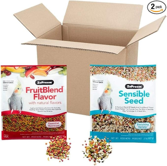 ZuPreem Bundle FruitBlend Pellets & Sensible Seed for Medium Birds (2 lb Each, Pack 2) – Complete Daily Nutrition & Enrichment Seed Mix for Cockatiels, Lovebirds, Quakers & Small Conures, Made in USA