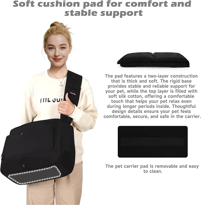 Dog Sling Carrier for Small Medium Dogs & Cats, Fits 7–18lbs, Soft Puffy Lightweight Pet Sling Carrier with Adjustable Padded Strap and Storage Pocket, Hands-Free for Travel, Hiking & Outdoor Black