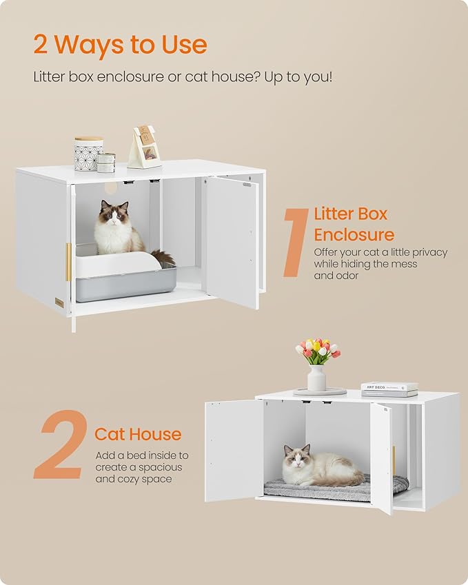 Feandrea Cat Litter Box Enclosure, Modern Hidden Litter Box Furniture, Front Entry, Double Doors, Indoor Pet House, Living Room Side End Table, 31.5 x 19.7 x 17.7 Inches, Cloud White UPCL020WB01S