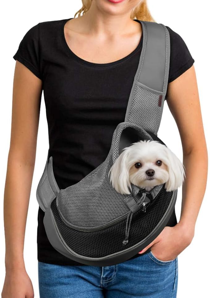 YUDODO Pet Sling Carrier for 10-15 lbs Small Dogs & Cats – Hands-Free Puppy Carrier with Safety Hook, Large Zipper Pocket, Soft Breathable Mesh, Adjustable Strap & Reflective Strip (Black 1.0 L)
