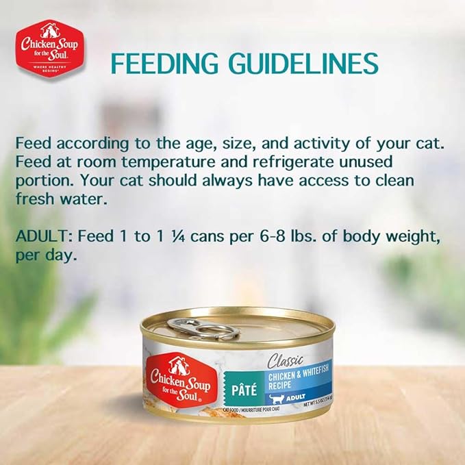 Chicken Soup for The Soul All Natural Premium Adult Wet Cat Food, Real Meat First Ingredient, No by-Products, Artificial Colors, Flavors or Preservatives, Chicken & Whitefish Pate, 5.5oz (Pack of 24)