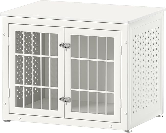 rehomerance 32" Heavy Duty Dog Crate Furniture for Small and Medium Dogs, Metal Kennel for High Anxiety Dogs, Chew Proof Pet Cage Indoor, Decorative Dog Kennel End Table, White