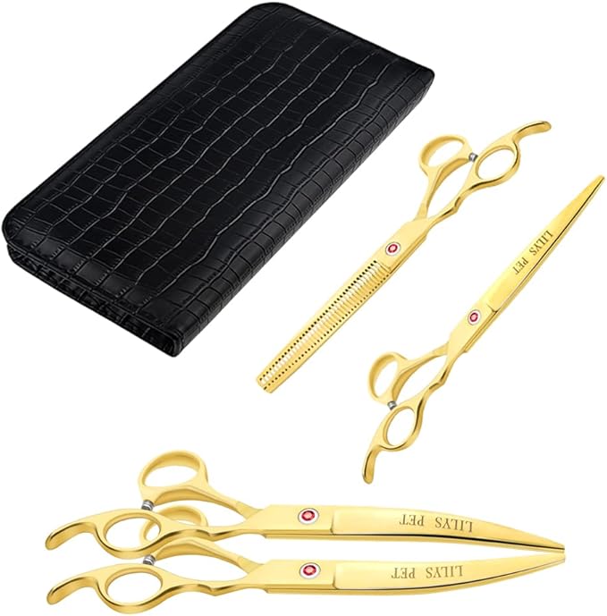 Professional PET DOG Grooming Coated Titanium scissors suit Cutting&Curved&Thinning shears (7.0 inches, Gold)…