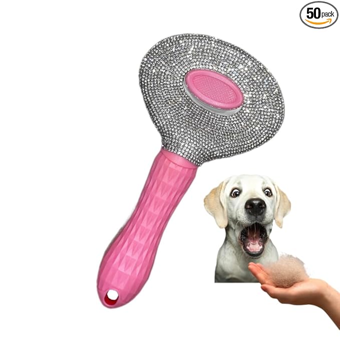 Diamond Rhinestone Cat Hair Brush Deshedding Brush Dog Hair Remover Tool Stainless Steel Comb Slicker Brush with Release Button for Dog Cat Rabbit Shedding Pets Grooming (Pink)