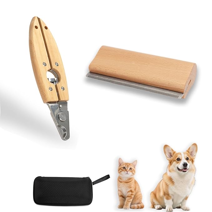 Dog Comb for Shedding Kit 2-in-1 Wooden Grooming Shedding Brush for Dogs & Cats Pet Hair Removal Tool with Ergonomic Gripping Pet Cleaning Comb Supplies 5 Inch (Includes storage box)