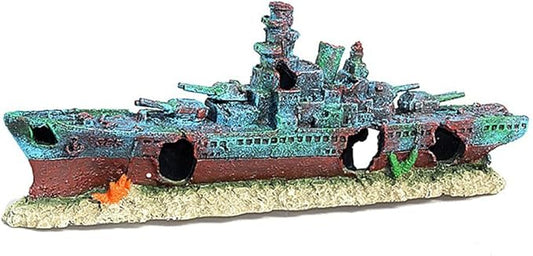 Aquarium Creative Warship Wreckage Ornament - Sunken Pirate Ship Decor for Fish Tank, Artificial Coral Reef Hideout Cave with Aquatic Plants, Unique Underwater Landscape Centerpiece for Aquatic Pets