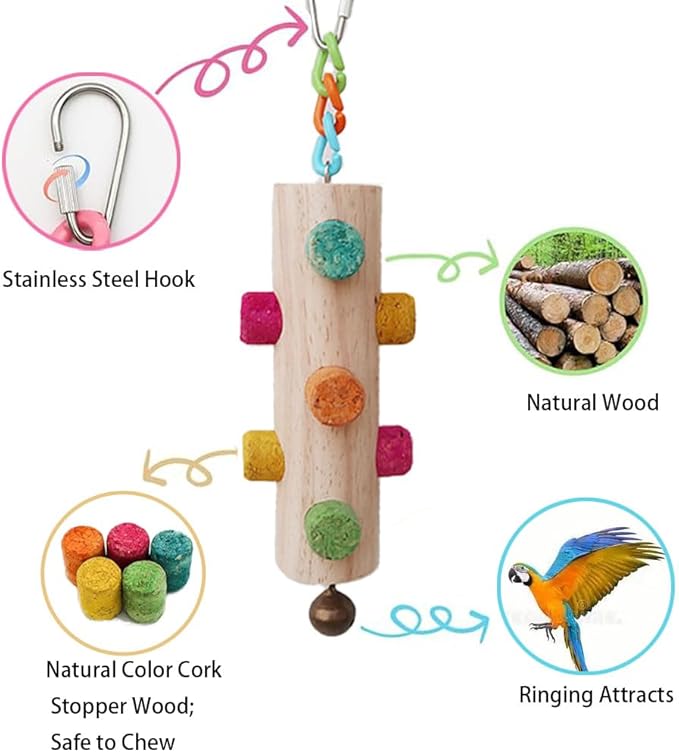 Wood Parrot Chew Toys,2 pcs Bird Cork Toys for Small Medium Birds Parrot,Woodpecker Feeding Toy for Parakeets, Conures, Budgies, Finches Conure Cockatiel, Cockatoos etc