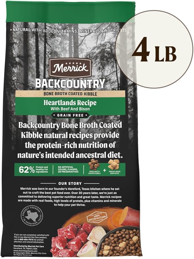 Merrick Grain Free Dry Dog Food Backcountry Bone Broth Coated Kibble Heartlands Recipe with Beef and Bison - 4 lb. Bag