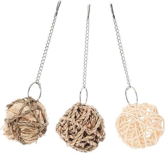 UKCOCO 3Pcs Parrot Chewable Rattan Ball Set Engaging Bird Cage Accessories for Cockatiels Parakeets and Pets Safe and Easy to Clean Chewing