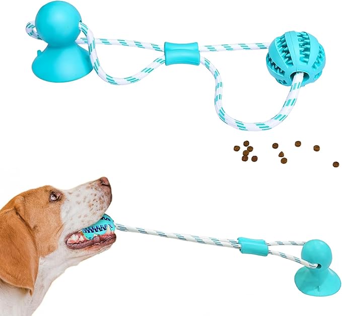 Dog Chew Toys for Aggressive Chewers, Tug of War Suction Cup, Dog Puzzle Toys Treat Food Dispensing Ball, Puppy Rope Enrichment, Indestructible Treat Food Dispensing Ball (Blue)