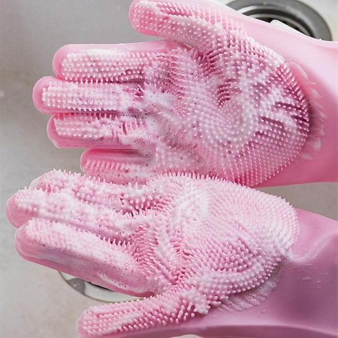 Pet Grooming Gloves Silicone Gloves with High-Density Teeth Enhanced Five Finger Design for Dogs Cats Bathing Massaging (Pink)