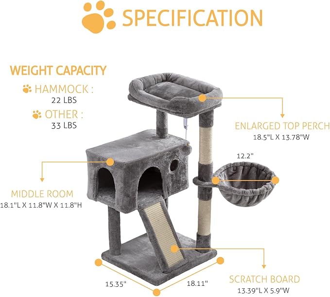 SHA CERLIN Cat Tree 36 Inches Cat Tower with Hammock, Sisal Scratching Post for Indoor Kittens, Small Room, Grey