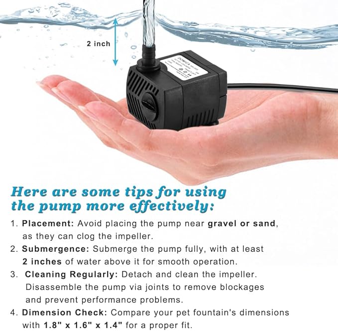 90 GPH Mini Submersible Pump, Small Fountain Pump (5W 350L/H) for water feature, Aquariums, Fish Tank, Tabletop Fountain, Pet Fountain, Indoor or Outdoor Pond Fountain (AC Powered)