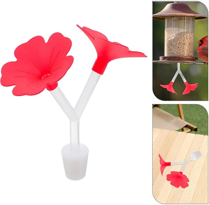 Beavorty 3pcs Hanging Garden Hummingbird Feeders with Dual Floral Feeding Ports, Red Plastic Outdoor Hummingbird Watering Station for Backyard Birding