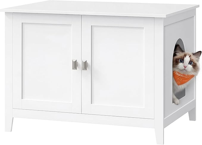 Feandrea Cat Litter Box Enclosure, Modern Hidden Cat Litter Box Furniture, Double Doors, Handles, Indoor Pet House Washroom, Living Room Side End Table, Cloud White UPCL015WB01