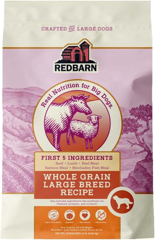 Redbarn Whole Grain Large Breed Dog Food 15 lbs - High Protein Beef & Lamb Recipe Dry Kibble with Glucosamine for Adult Dogs - Made in USA Chicken Free Wholesome Formula