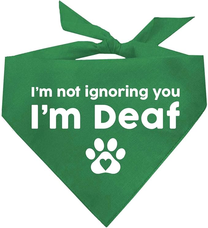 I'm Not Ignoring You I'm Deaf Dog Bandana | 100% Adjustable Cotton Triangle | Made in USA | Deaf | Impaired | Hearing Loss Accessory | Warning (Green, XS 351)
