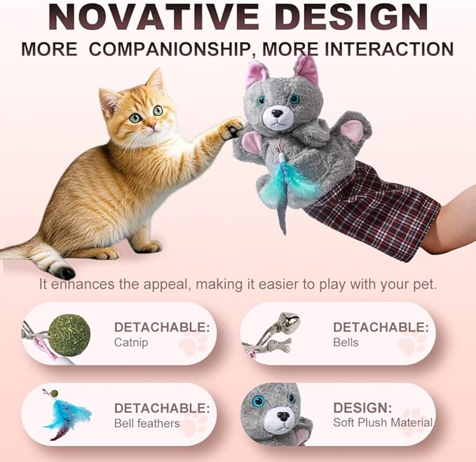 Interactive Cat Wrestling Puppet Toy with Feather Teaser - Thickened Bite-Resistant Training Glove for Safe Play, Realistic Prey Mimicry for Indoor Cats, Boredom Relief & Exercise, Grey