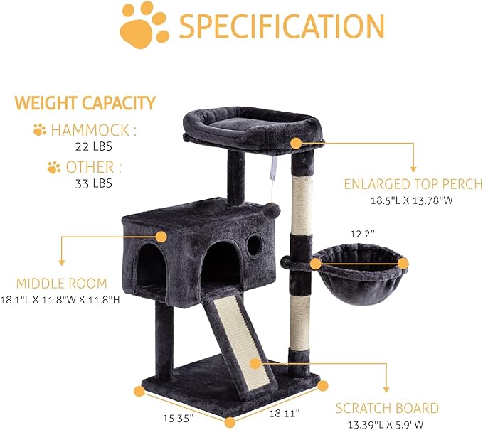 SHA CERLIN Cat Tree 36 Inches Cat Tower with Hammock, Sisal Scratching Post for Indoor Kittens, Small Room, Smoky Grey